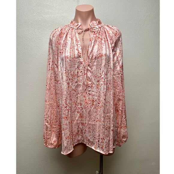 NWT H&M Floral Ruffle Tie-Neck Crêpe Blouse Peach Pink L - Picture 4 of 13
